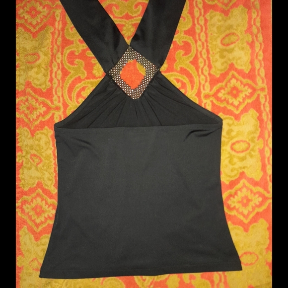 Vintage Y2K Rhinestone Embellished Keyhole Black Halter Tie Neck - Picture 5 of 14